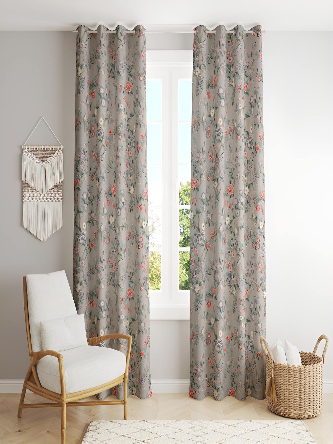 

tundwal's Grey & Red 2 Pieces Floral Room Darkening Window Curtain