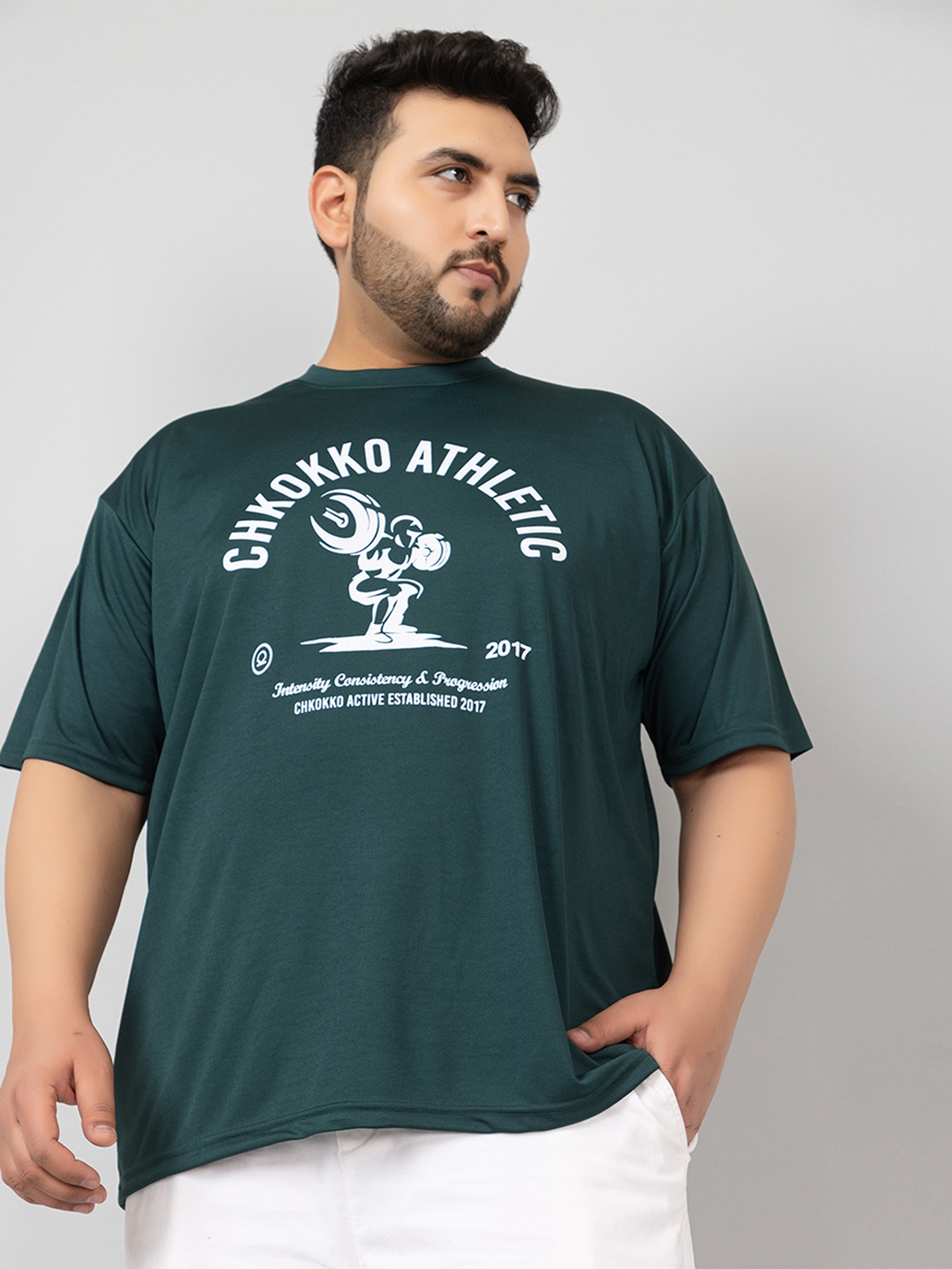 

CHKOKKO Plus Size Typography Printed Drop-Shoulder Sleeves Dry Fit T-shirt, Green