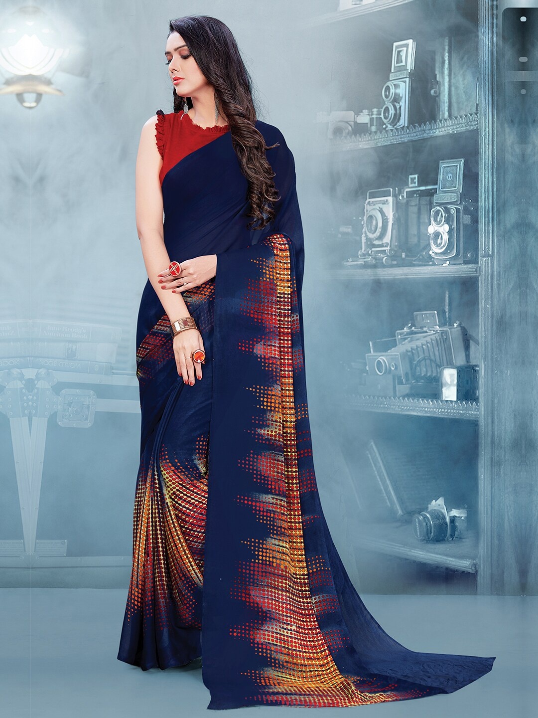 

HRITIKA Geometric Printed Saree, Navy blue