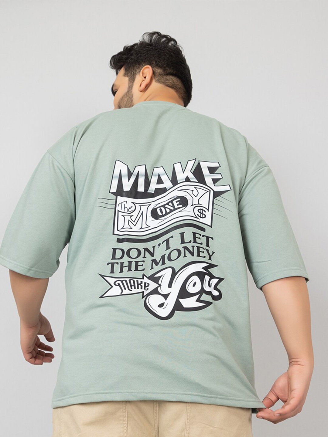 

CHKOKKO Typography Printed Cotton Oversized Applique T-shirt, Green