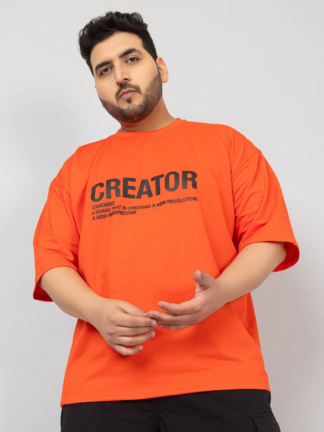 

CHKOKKO Typography Printed Cotton Oversized Applique T-shirt, Orange