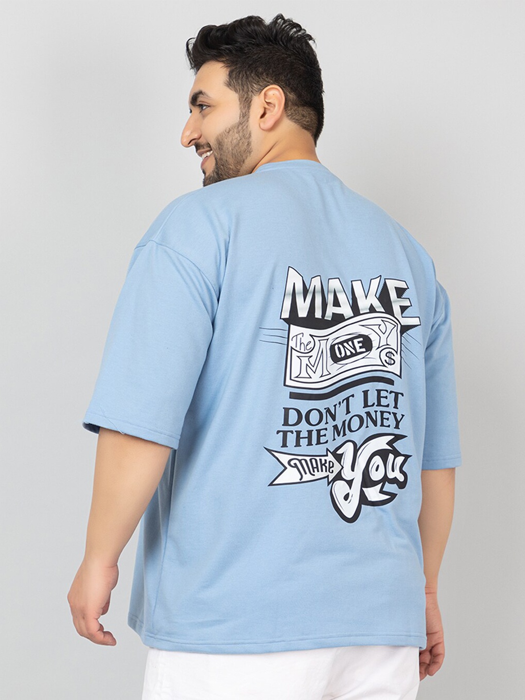 

CHKOKKO Plus Size Typography Printed Drop-Shoulder Sleeves Oversized T-shirt, Blue