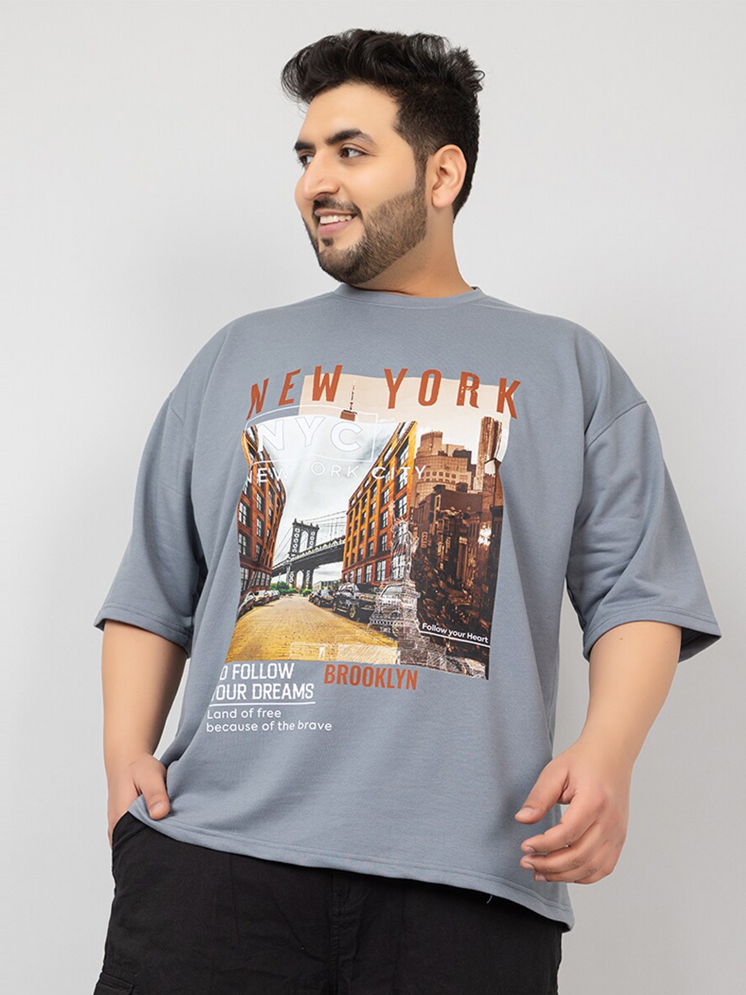 

CHKOKKO Plus Size Typography Printed Drop-Shoulder Sleeves Oversized T-shirt, Grey
