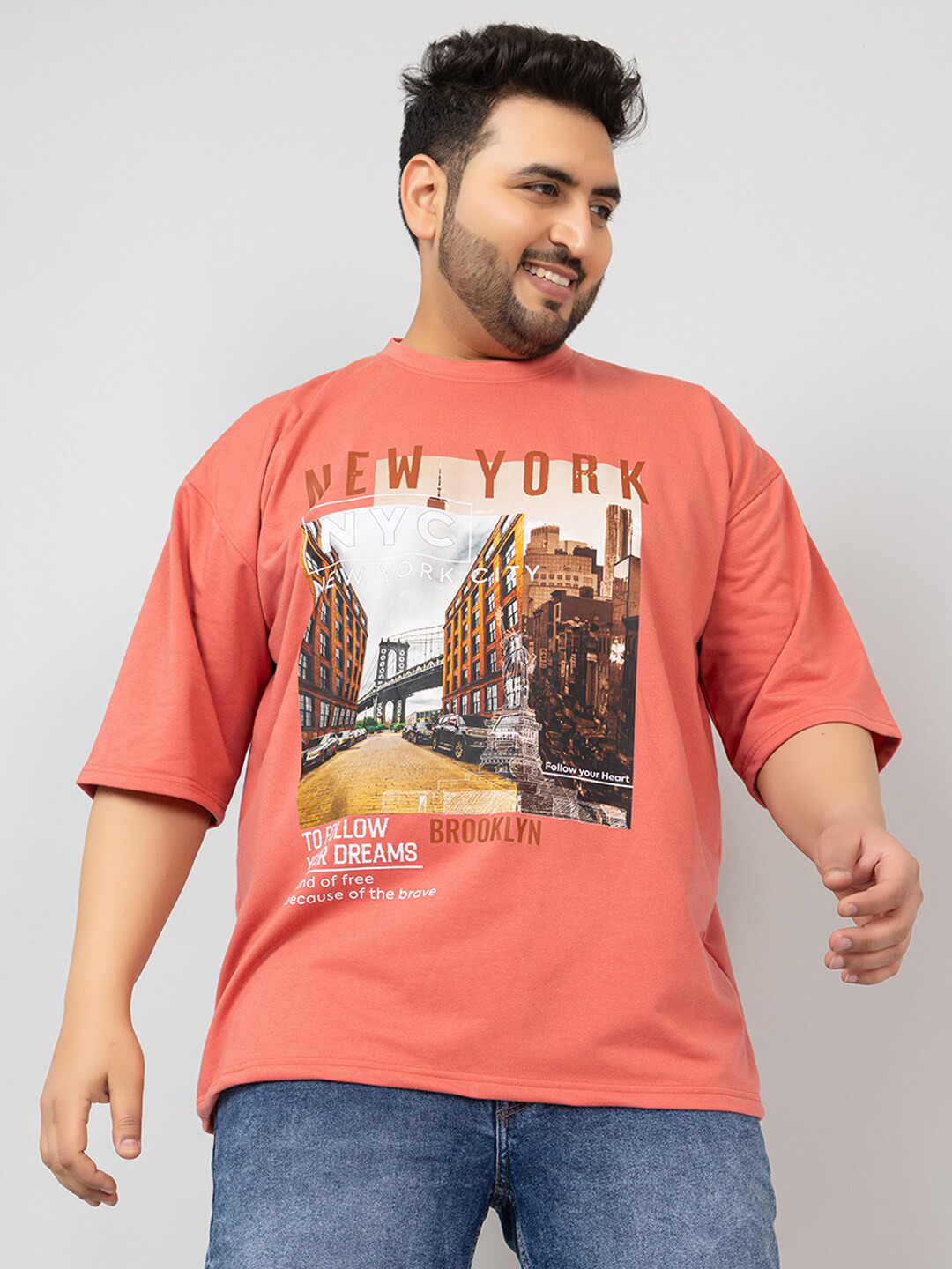 

CHKOKKO Plus Size Typography Printed Drop-Shoulder Sleeves Oversized T-shirt, Rust