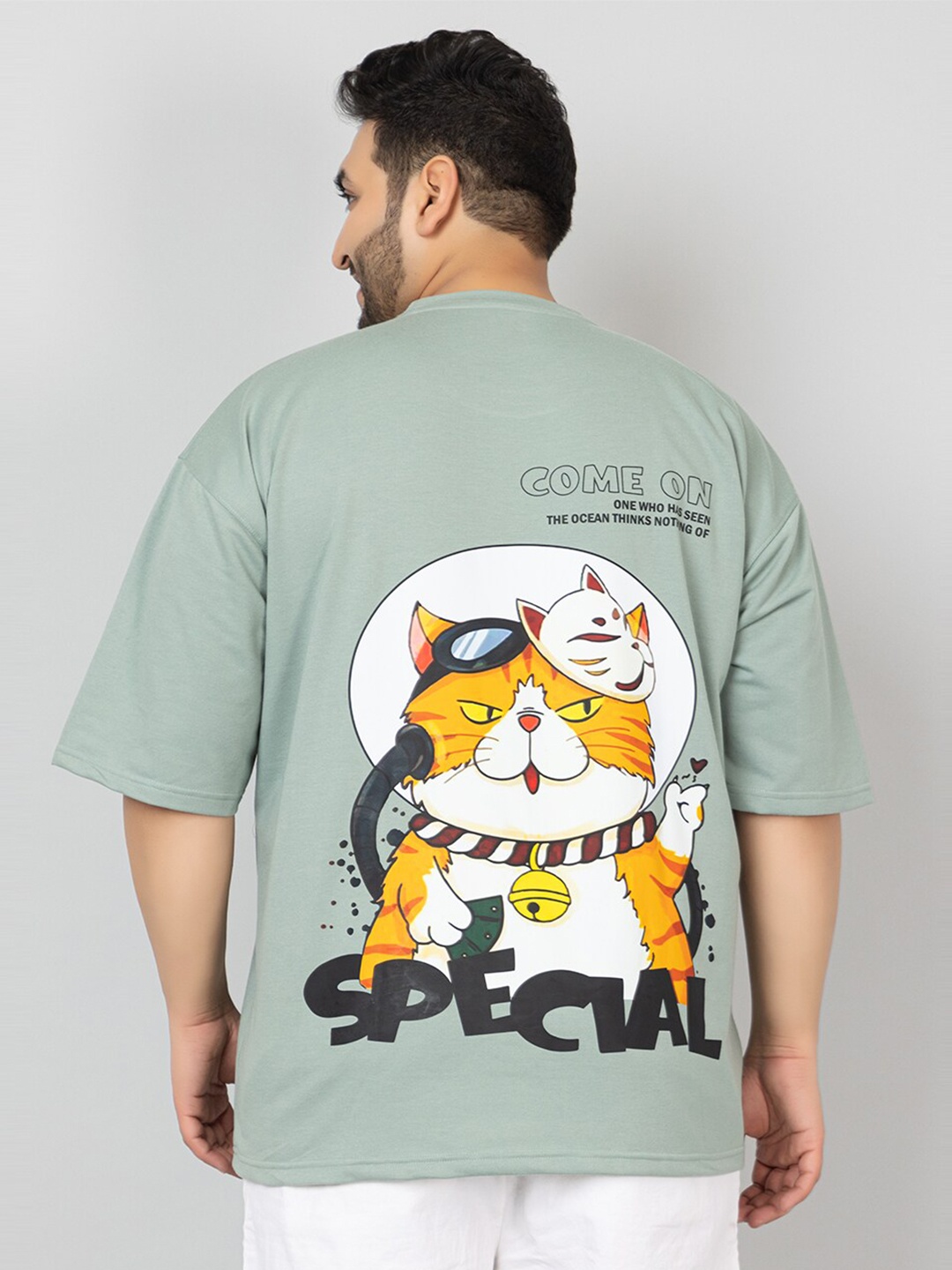

CHKOKKO Graphic Printed Cotton Round Neck Oversized T-shirt, Green