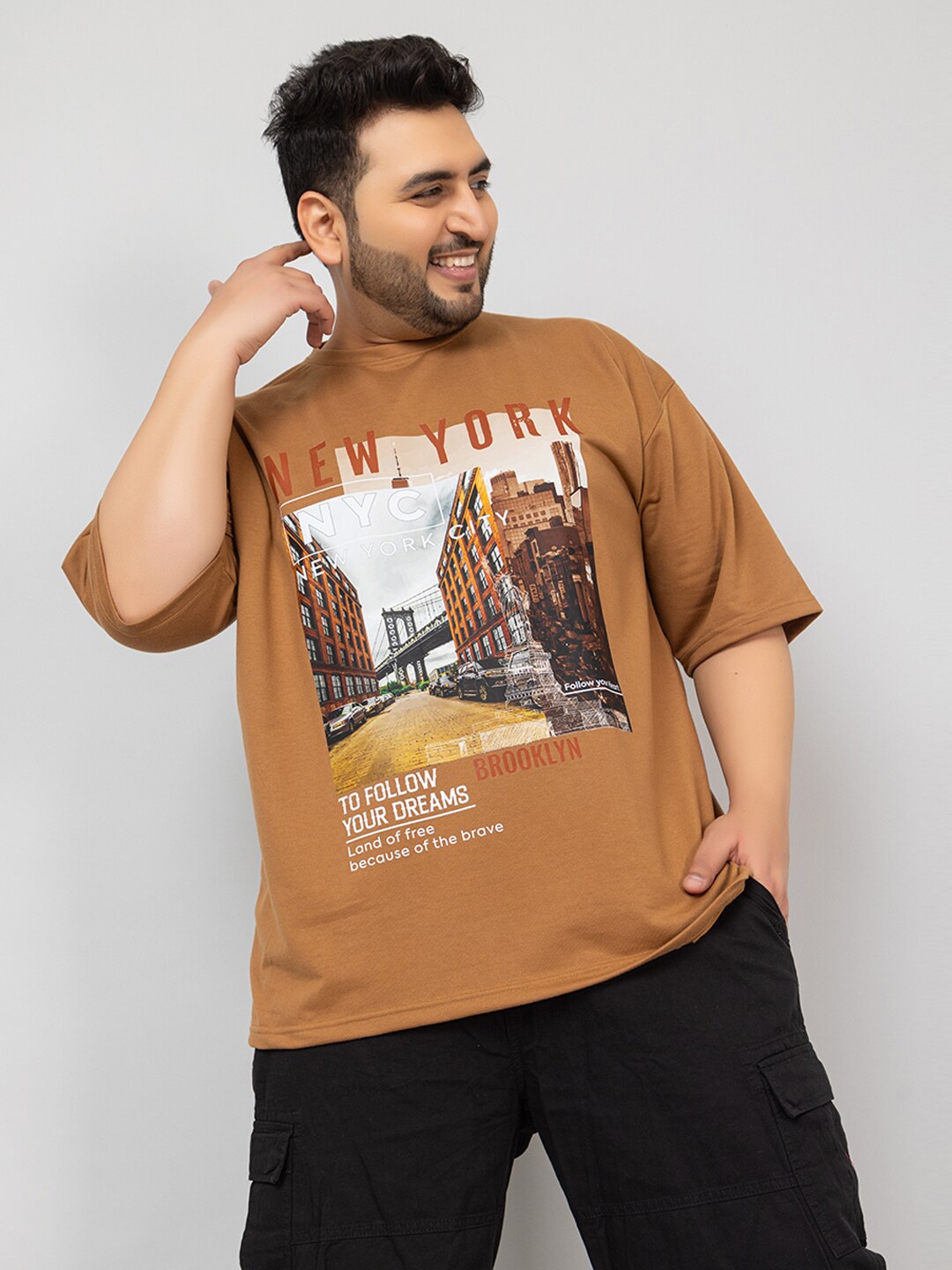 

CHKOKKO Graphic Printed Cotton Oversized Applique T-shirt, Brown