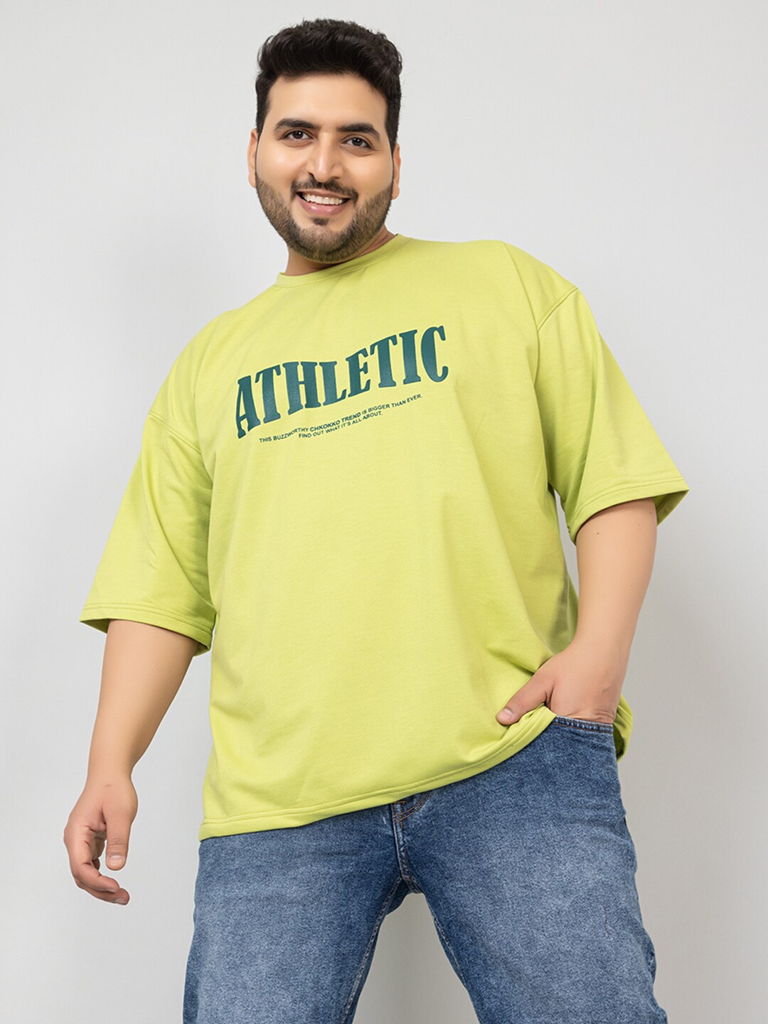 CHKOKKO Typography Printed Cotton Oversized Applique T-shirt, Green