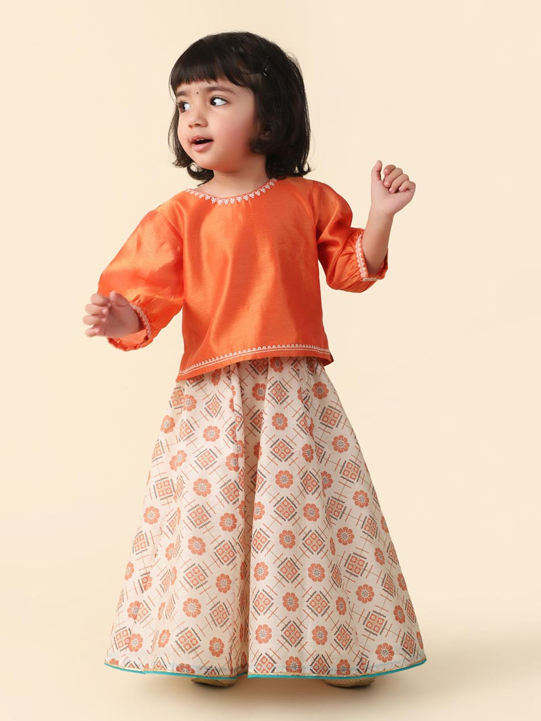 

Fabindia Girls Printed Cotton Block Print Ready to Wear Lehenga & Blouse, Beige