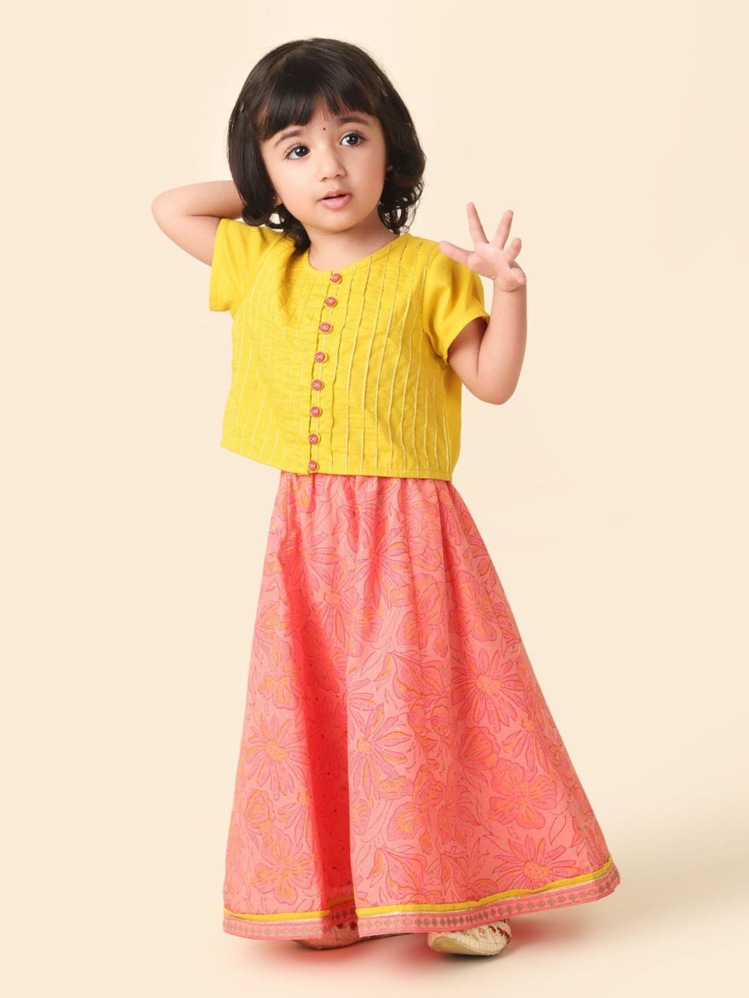 

Fabindia Girls Embroidered Cotton Block Print Ready to Wear Lehenga & Blouse, Yellow
