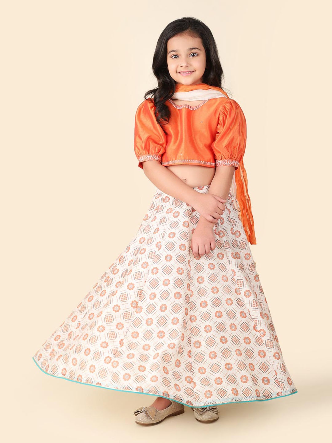 

Fabindia Girls Embroidered Cotton Ready to Wear Lehenga & Blouse With Dupatta, Beige