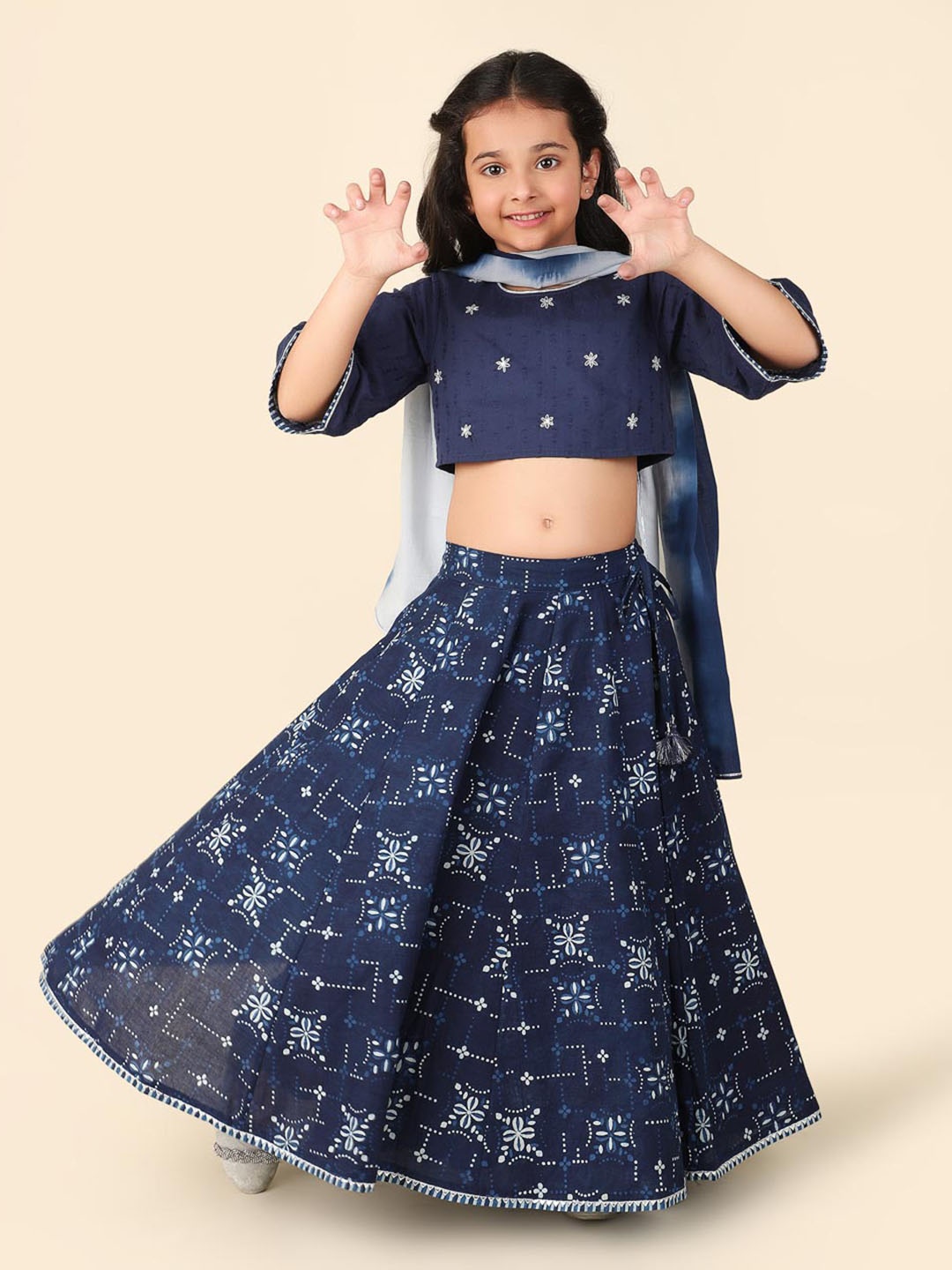 

Fabindia Girls Embroidered Block Print Cotton Ready to Wear Lehenga & Blouse With Dupatta, Blue