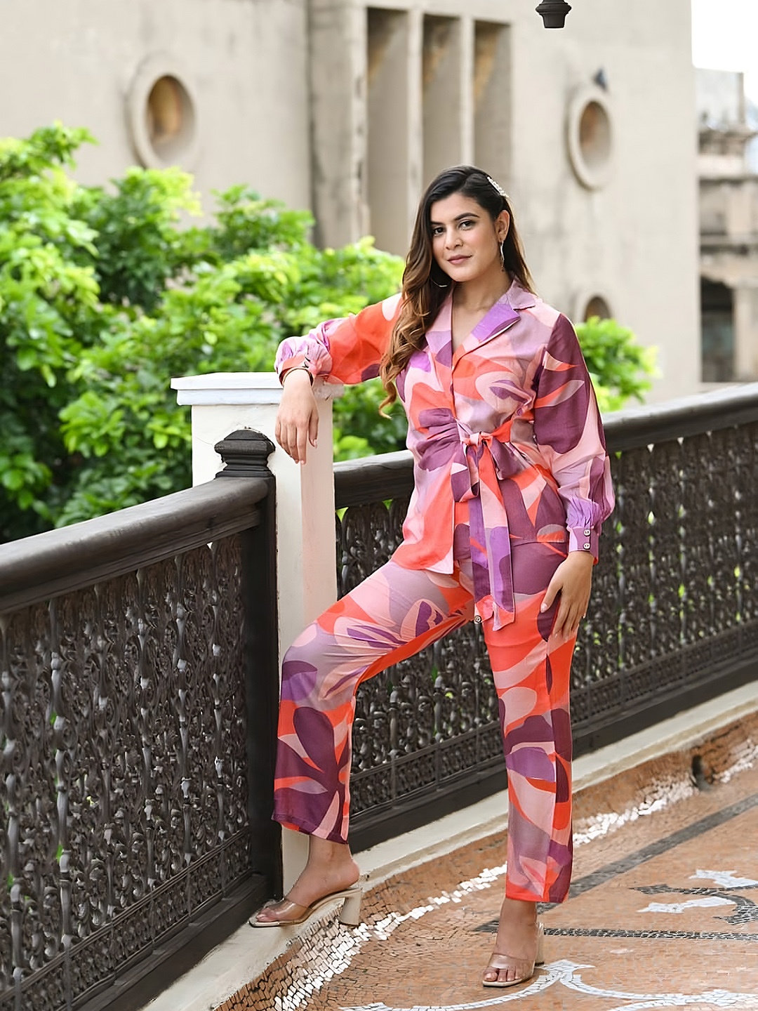 

KALINI Printed Lapel Collar Shirt Style Top With Trouser, Purple