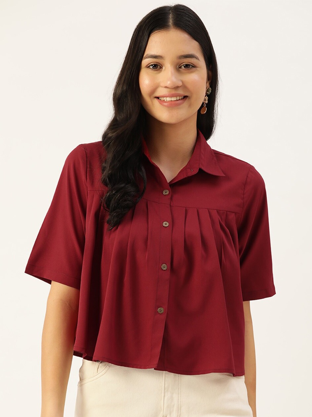 

Slenor Shirt Collar Puff Sleeves Crop Shirt Style Top, Maroon