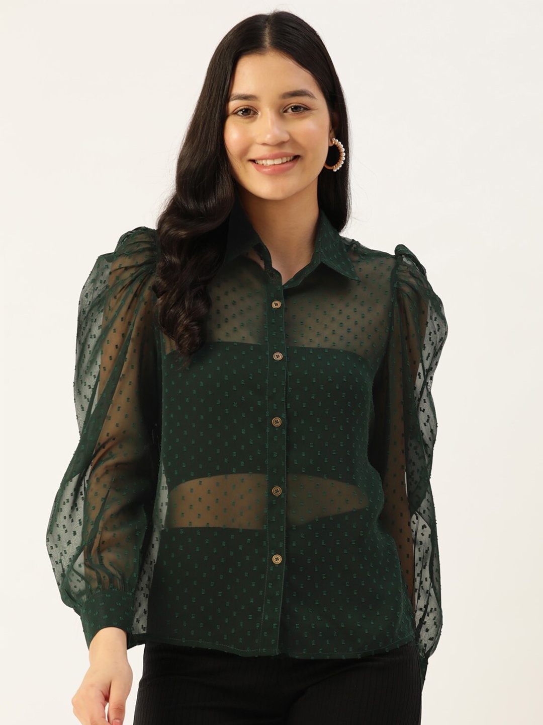 

Slenor Self Design Semi Sheer Spread Collar Casual Georgette Shirt, Green