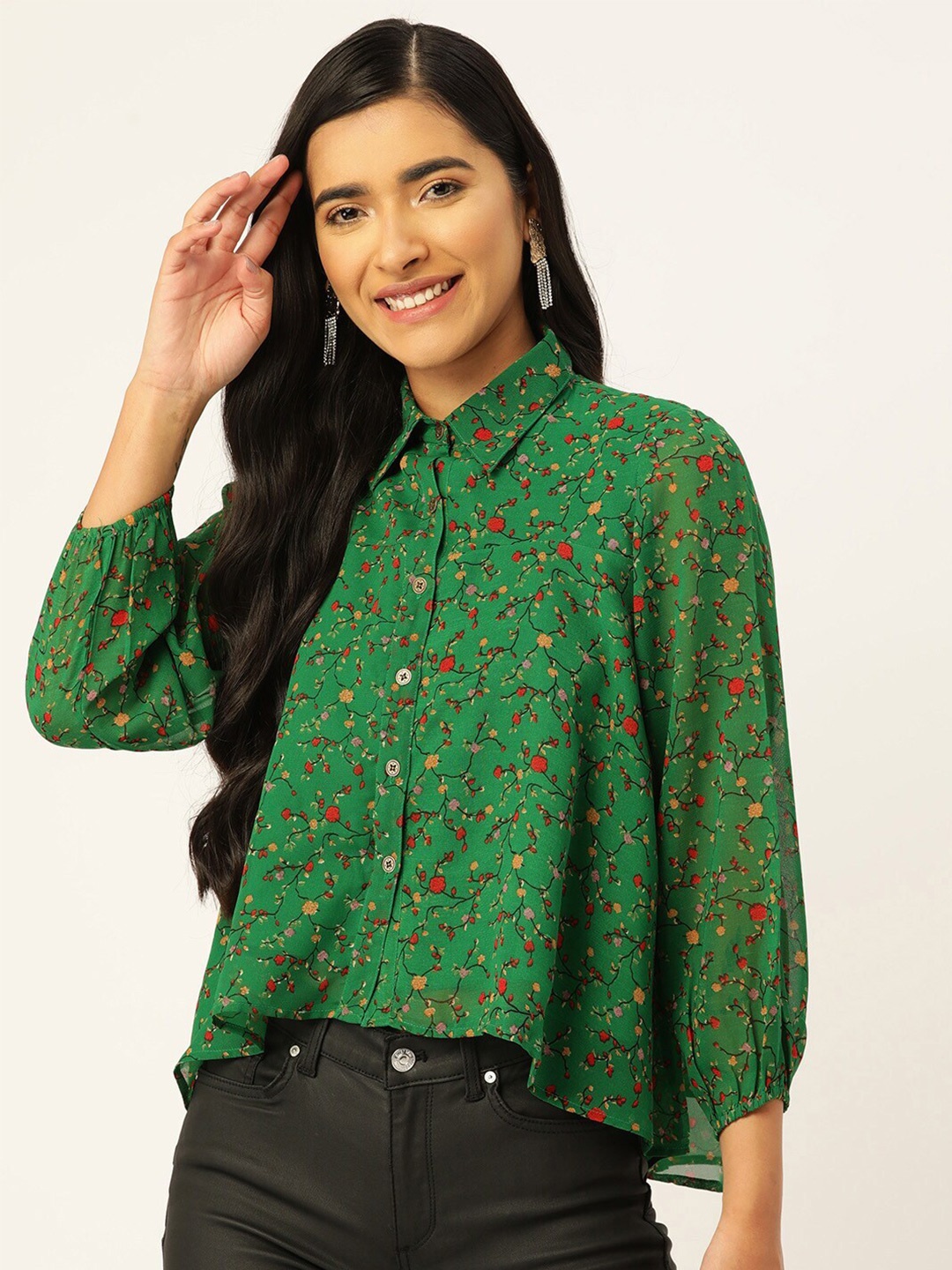 

Slenor Floral Printed Shirt Collar Puff Sleeves Shirt Style Top, Green