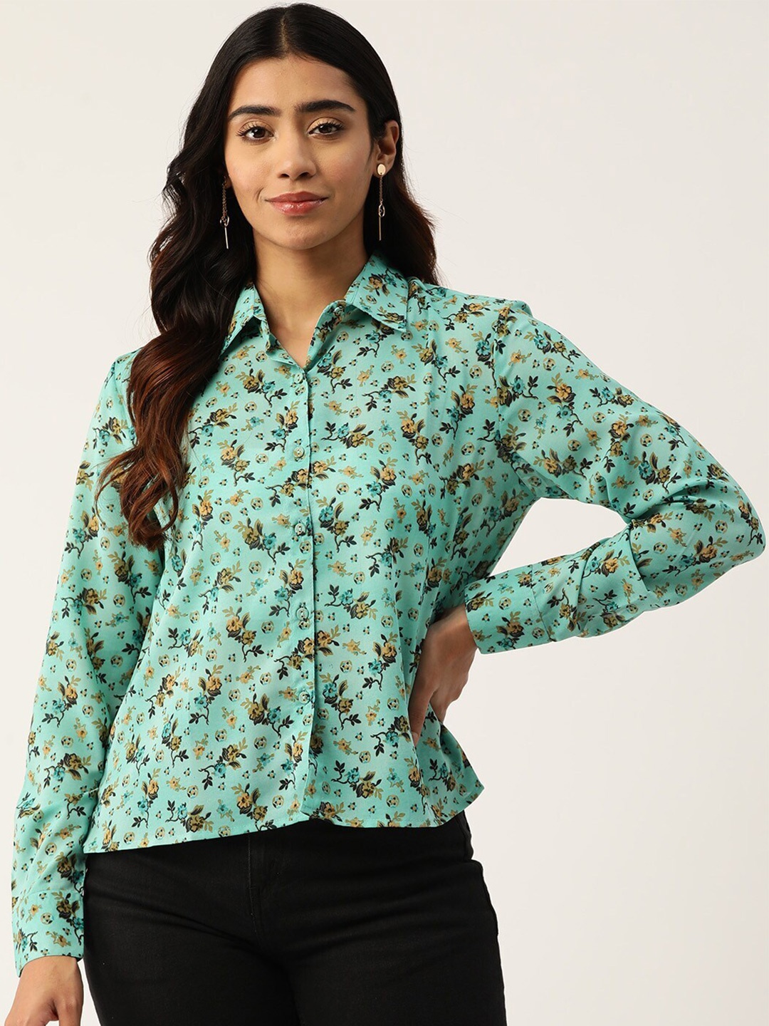 

Slenor Floral Printed Shirt Collar Long Sleeves Shirt Style Top, Blue