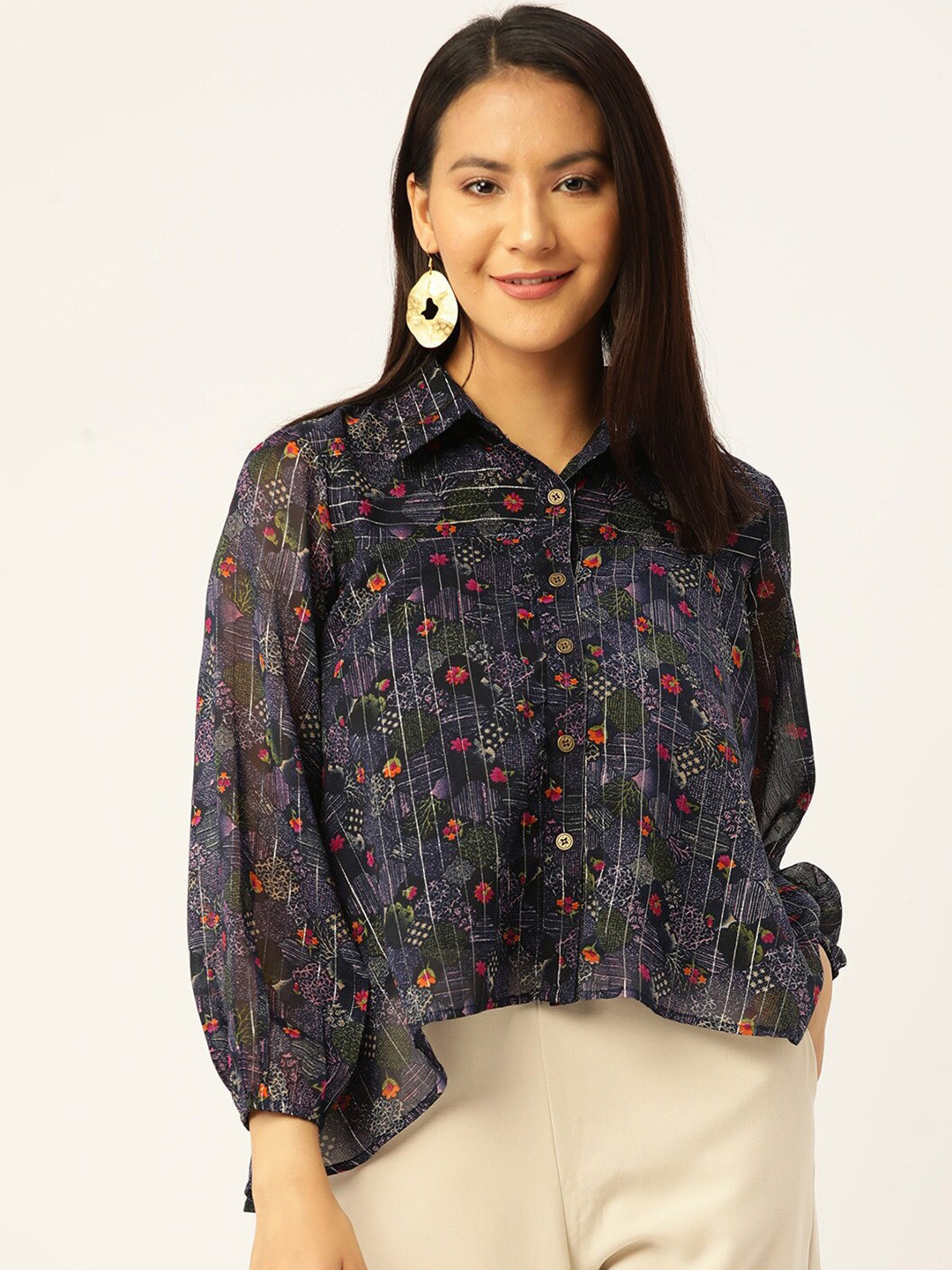 

Slenor Floral Printed High Low Casual Georgette Shirt, Navy blue