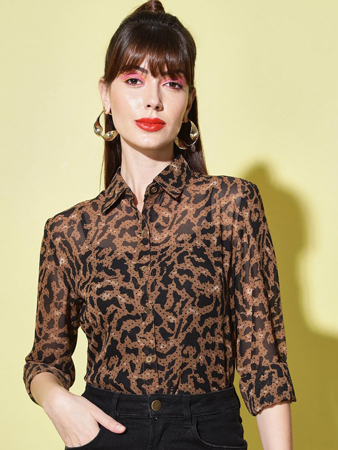 

Slenor Animal Printed Shirt Collar Puff Sleeves Shirt Style Top, Brown