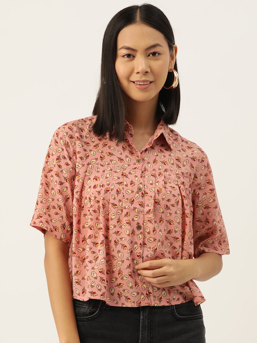 

Slenor Floral Printed Shirt Collar Puff Sleeves Shirt Style Top, Peach