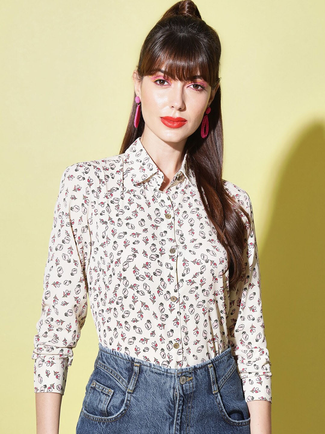 

Slenor Floral Printed Shirt Collar Cuffed Sleeves Shirt Style Top, White
