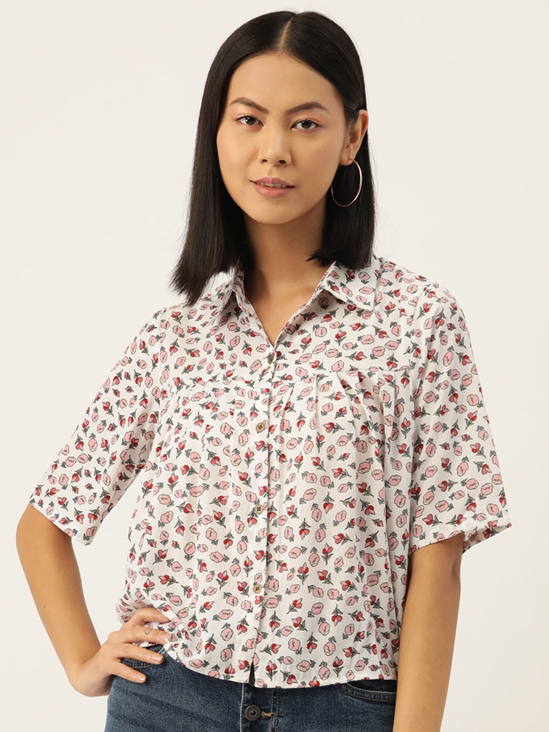 

Slenor Floral Printed Gathered Spread Collar Casual Shirt, White