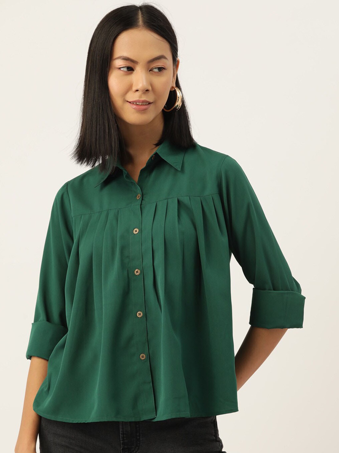 

Slenor Shirt Collar Puff Sleeves Crop Shirt Style Top, Teal