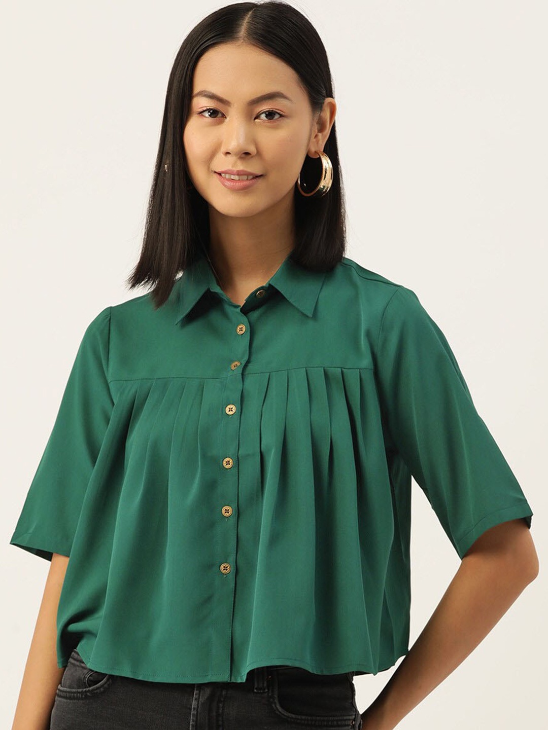

Slenor Shirt Collar Short Sleeves Crop Shirt Style Top, Teal