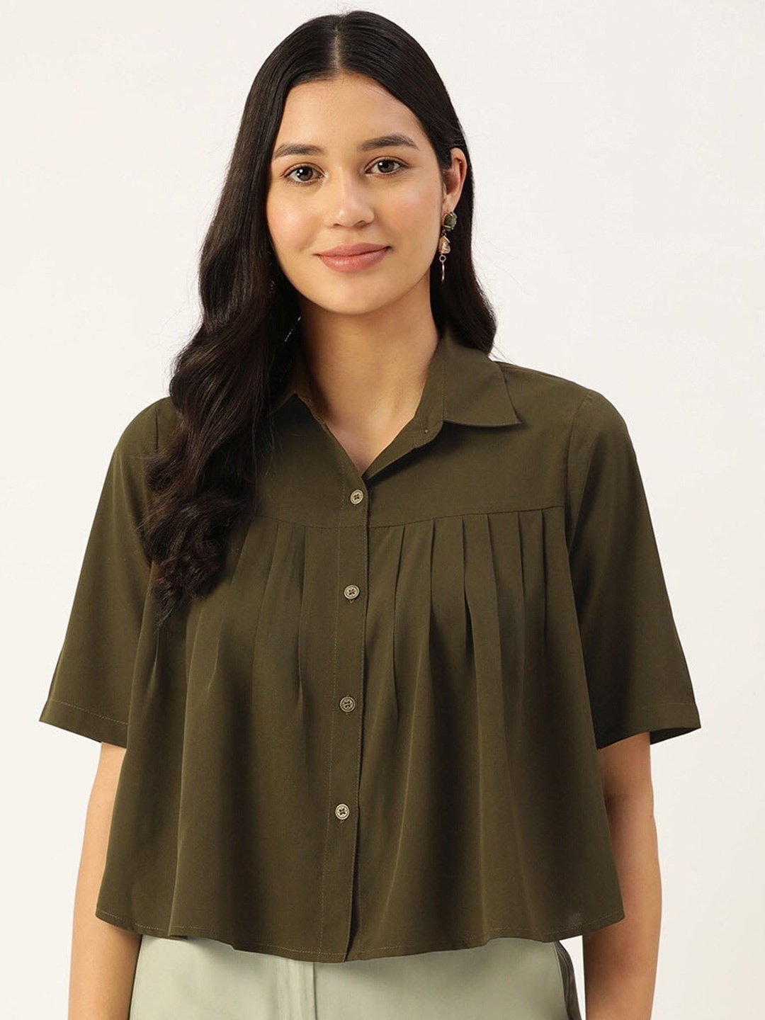 

Slenor Gathered Spread Collar Casual Shirt, Olive
