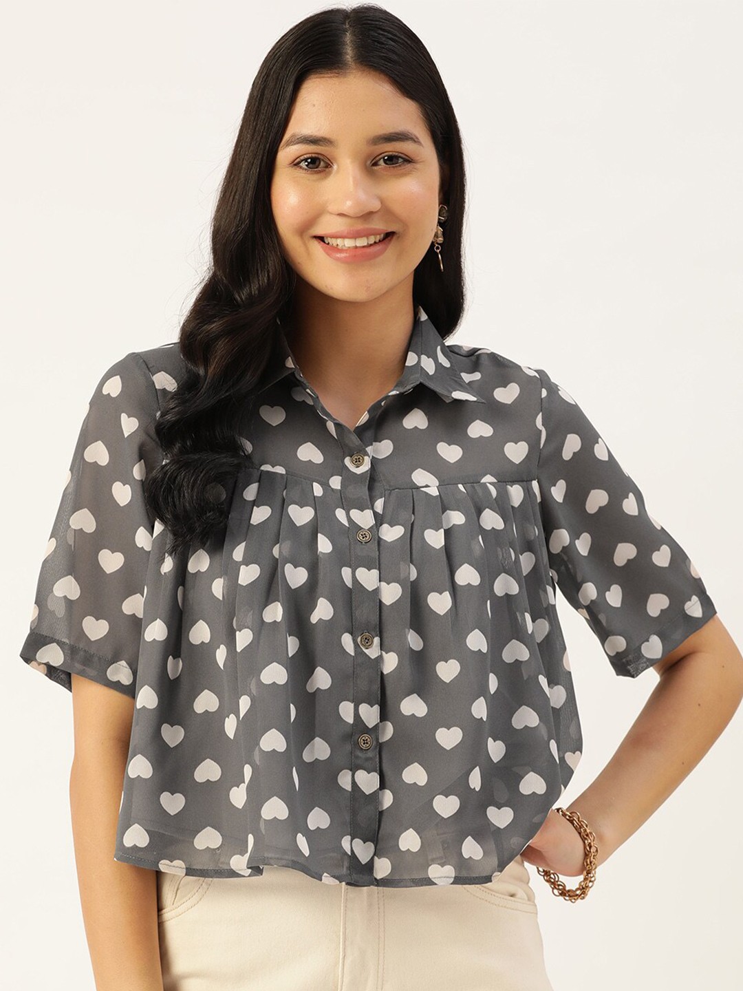 

Slenor Conversational Printed Pleated Spread Collar Casual Shirt, Grey