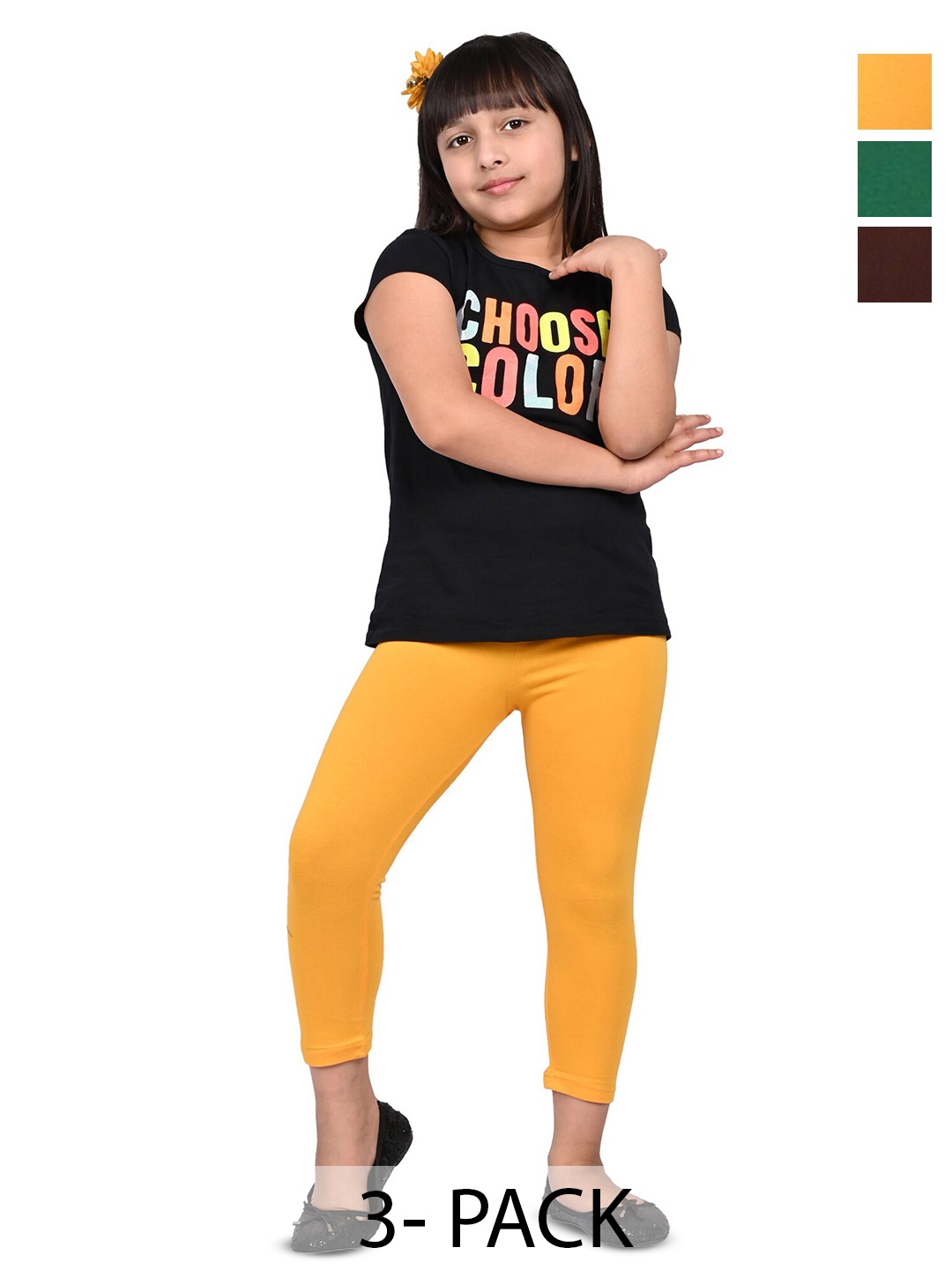 

BAESD Girls Pack Of 3 Slim Fit Three-Fourth Length Leggings, Yellow