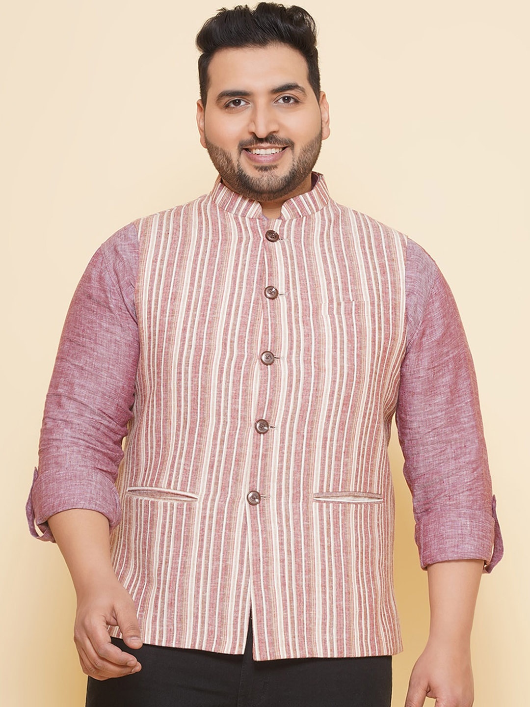 

John Pride Plus Size Striped Cotton Linen Nehru Jacket, Brown