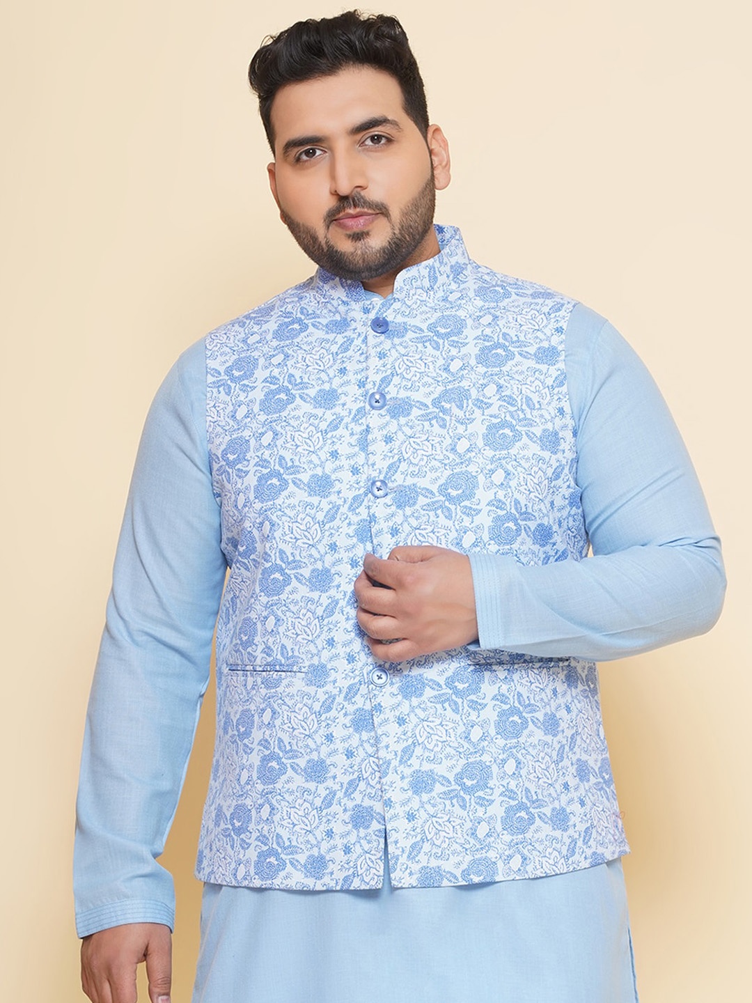 

John Pride Plus Size Printed Woven Cotton Linen Nehru Jacket, Blue