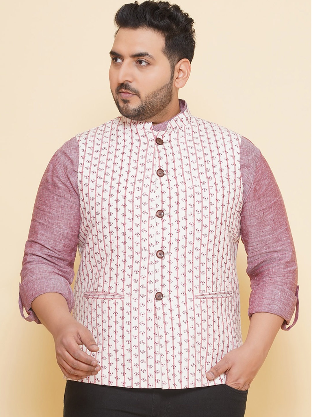 

John Pride Plus Size Printed Cotton Linen Nehru Jacket, White