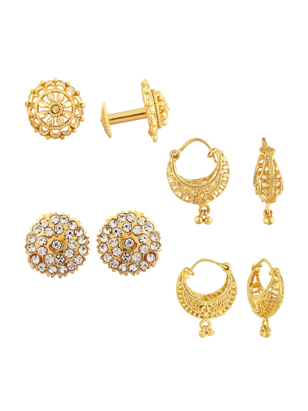 

Vighnaharta Set of 4 Gold-Plated Cubic Zirconia Studded Floral Stud & Hoop Earrings