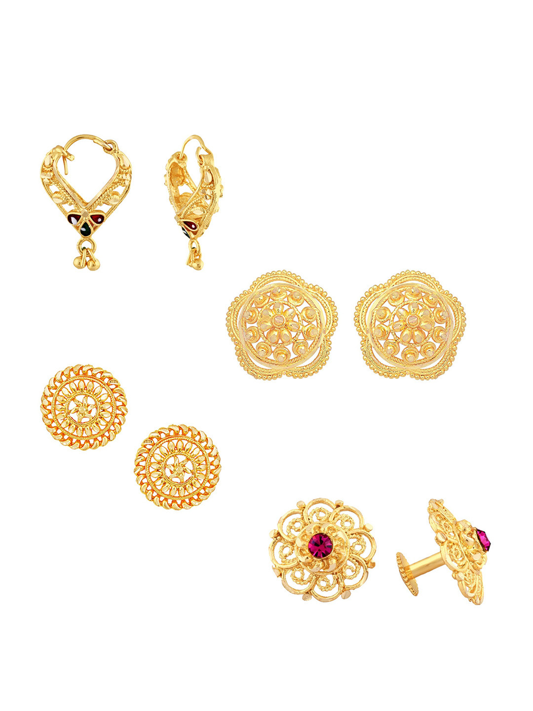 

Vighnaharta Set of 4 Gold-Plated Cubic Zirconia Studded Floral Stud & Hoop Earrings