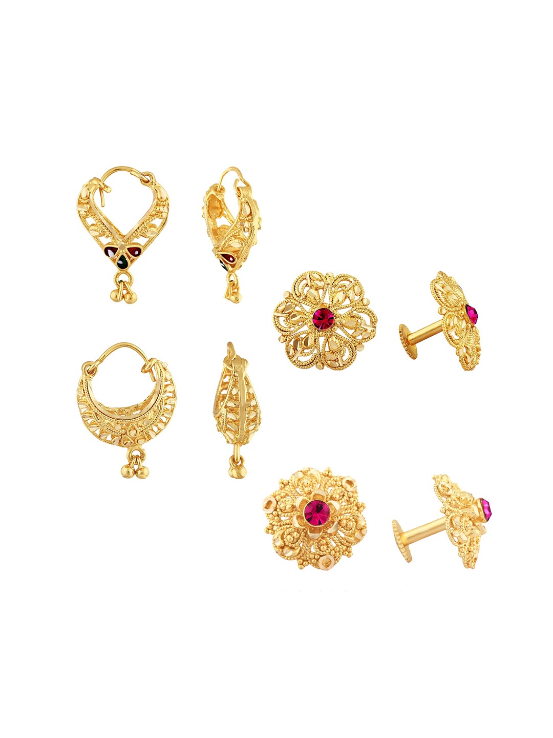 

Vighnaharta Set of 4 Gold-Plated Cubic Zirconia Studded Floral Stud & Hoop Earrings