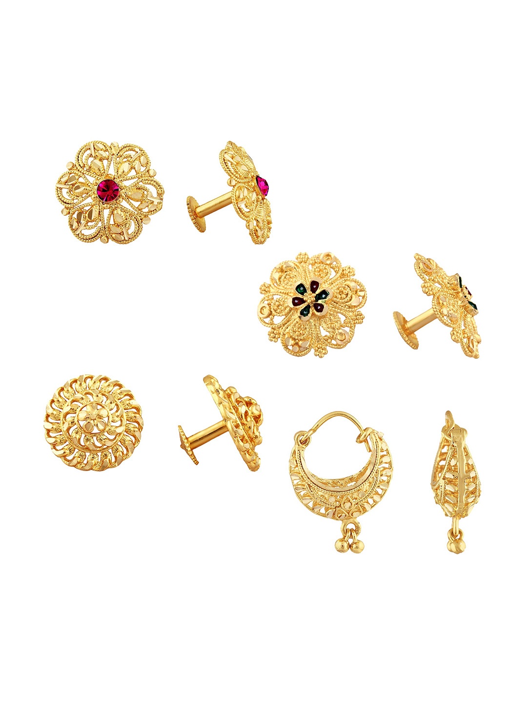 

Vighnaharta Set of 4 Gold-Plated Cubic Zirconia Studded Floral Stud & Hoop Earrings