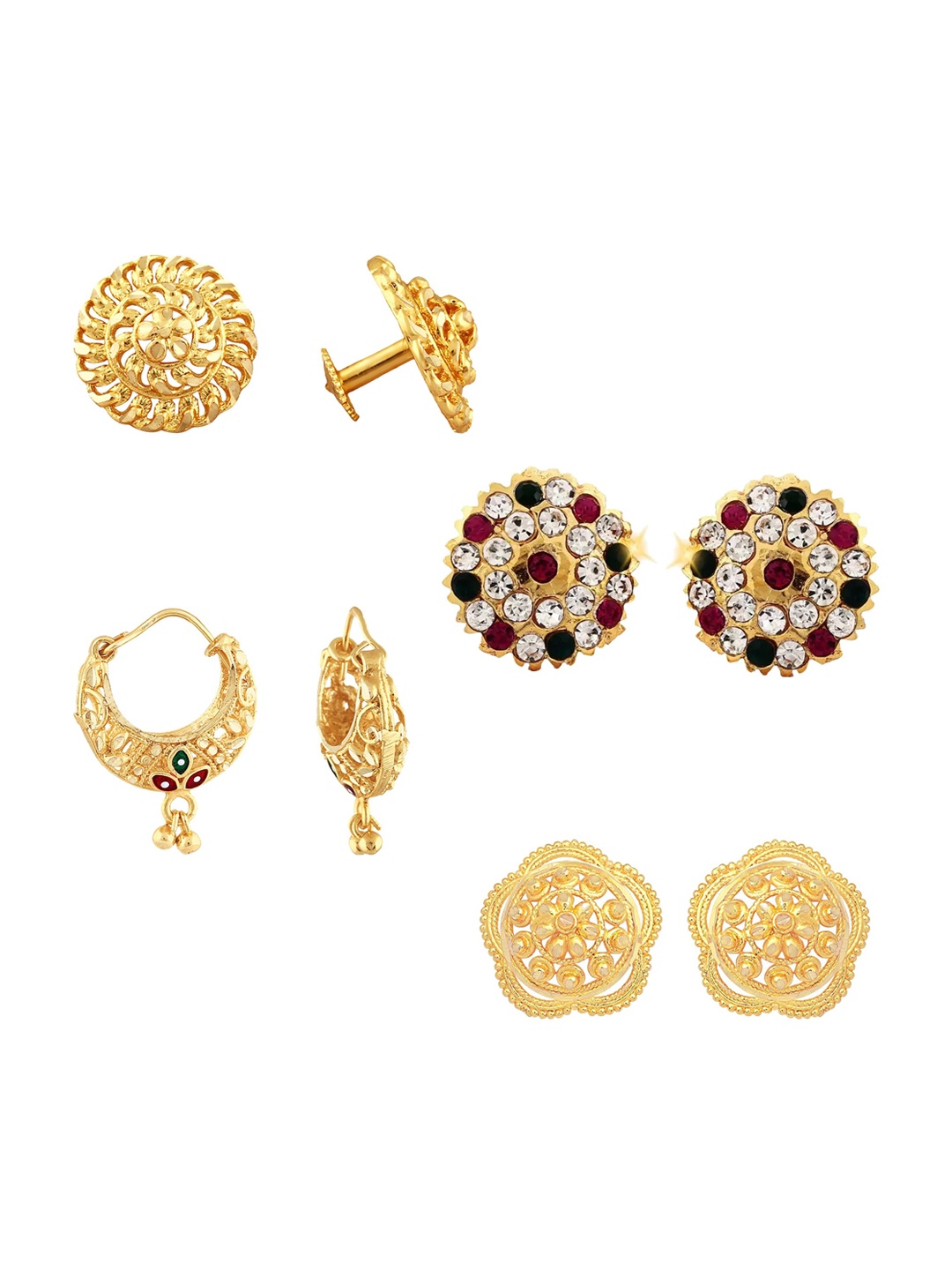 

Vighnaharta Set of 4 Gold-Plated Cubic Zirconia Studded Floral Stud & Hoop Earrings