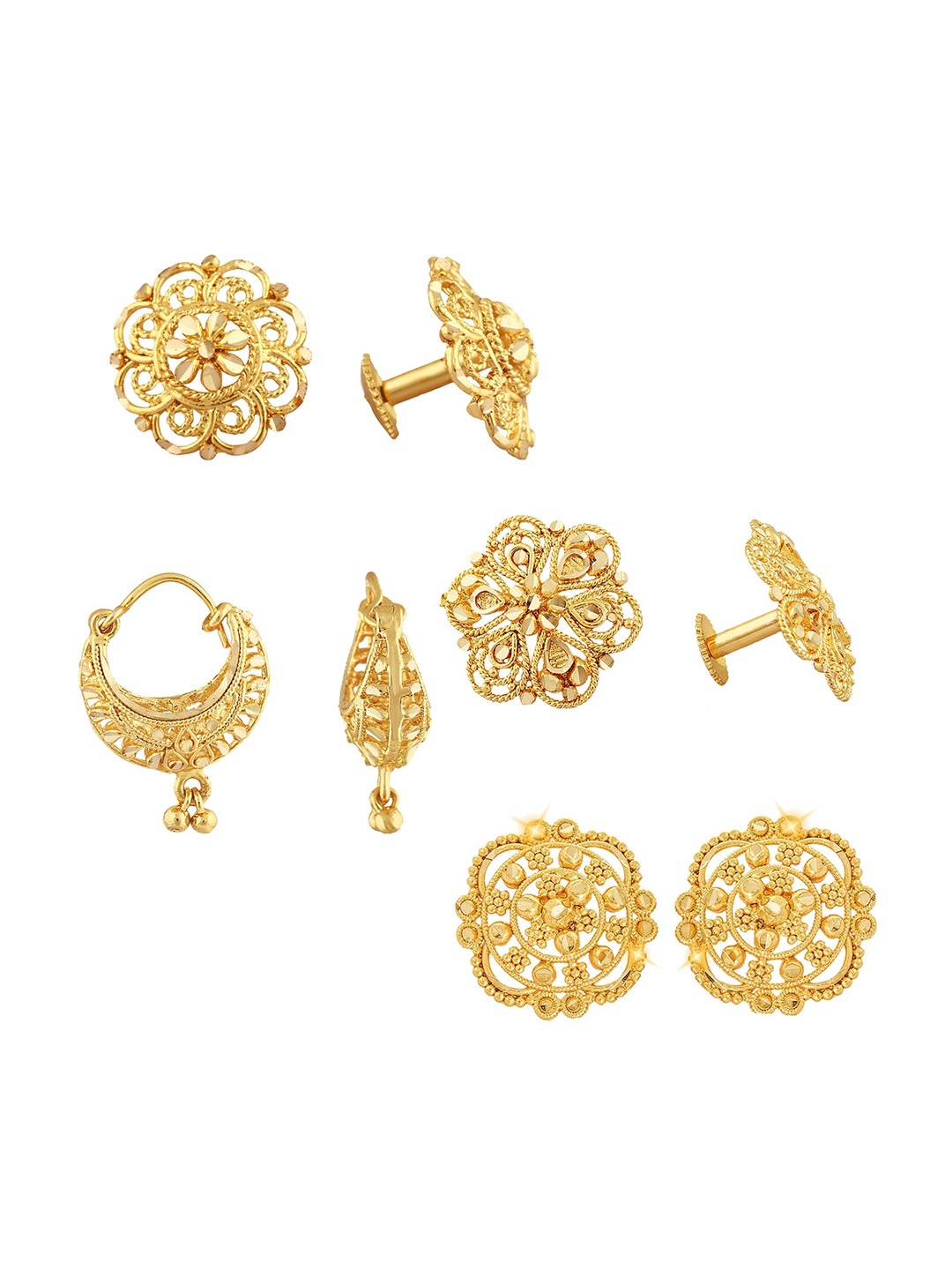 

Vighnaharta Set of 4 Gold-Plated Floral Stud & Hoop Earrings