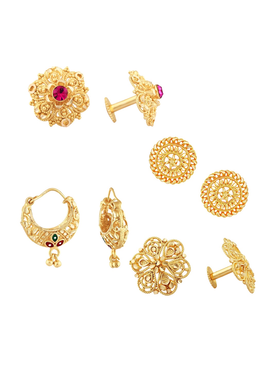 

Vighnaharta Set of 4 Gold-Plated Cubic Zirconia Stone Studded Studs & Hoop Earrings