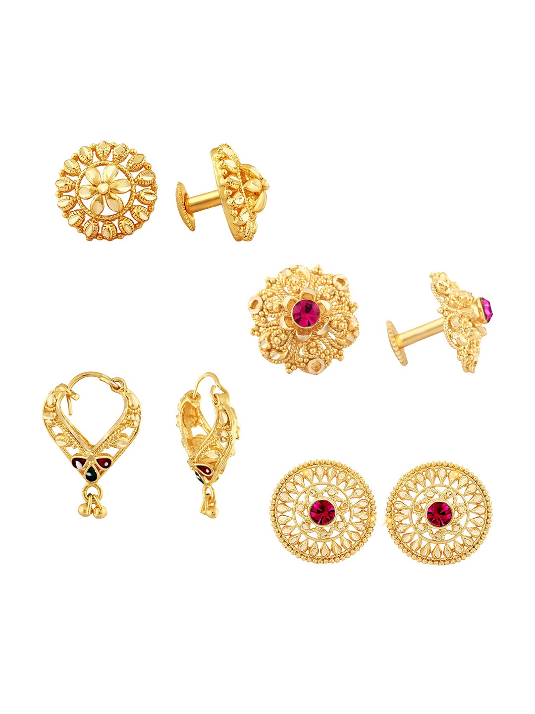 

Vighnaharta Set of 4 Gold-Plated Cubic Zirconia Stone Studded Studs & Hoop Earrings