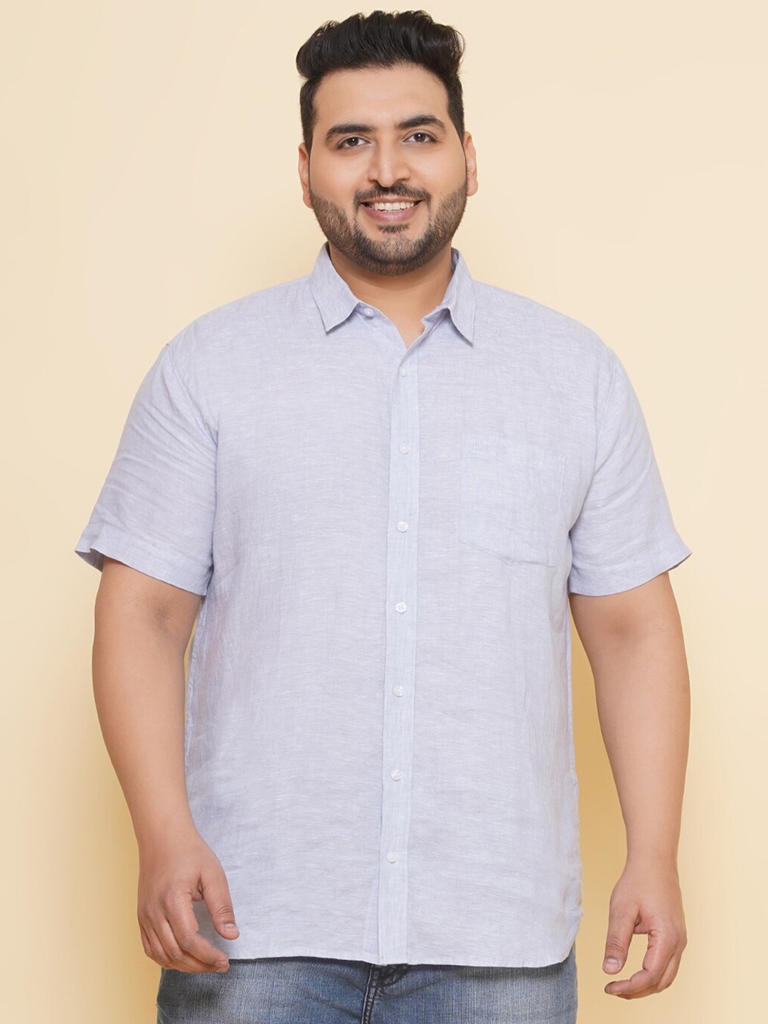 

John Pride Plus Size Spread Collar Linen Casual Shirt, Blue