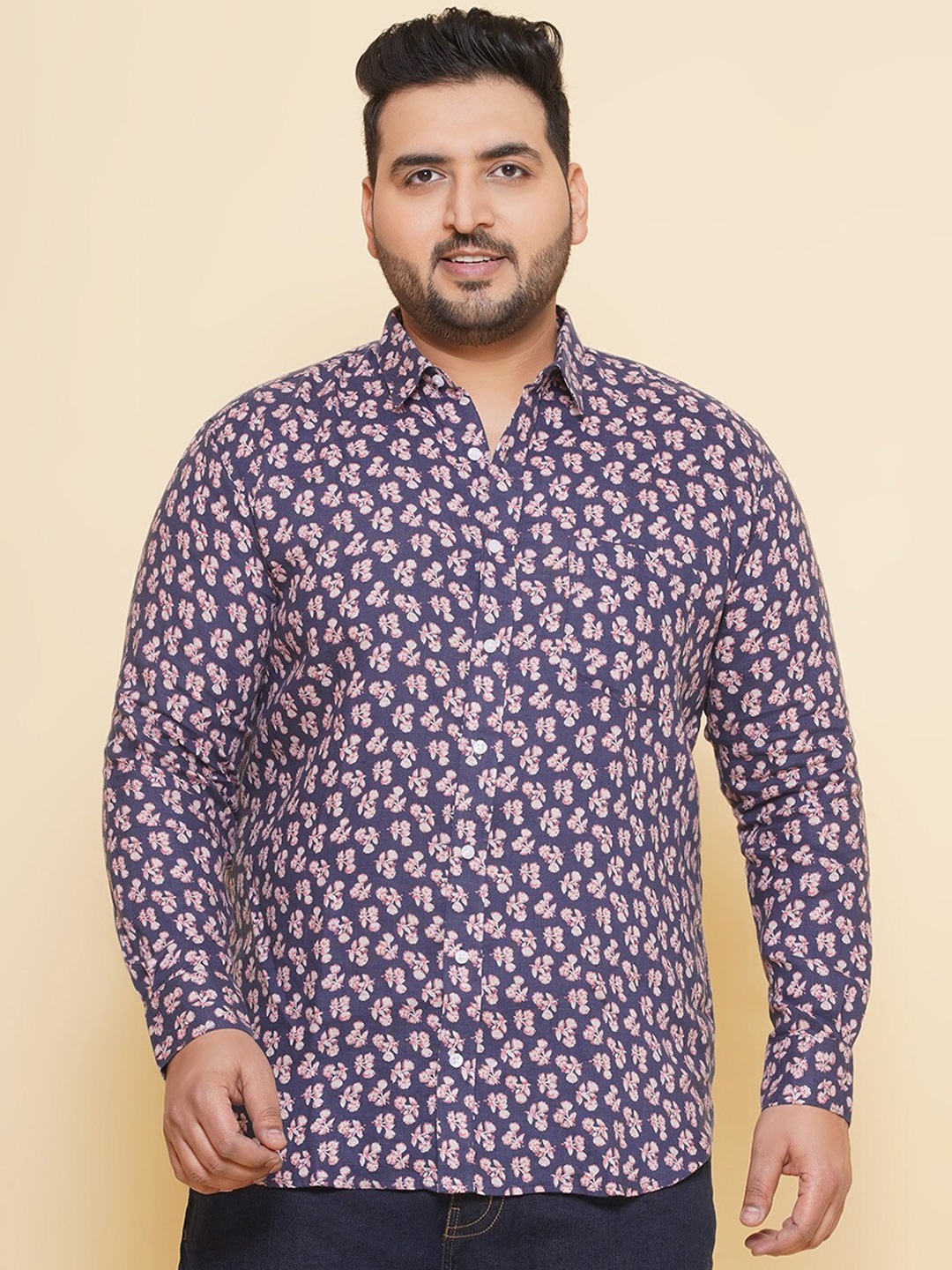 

John Pride Plus Size Floral Printed Spread Collar Linen Casual Shirt, Navy blue