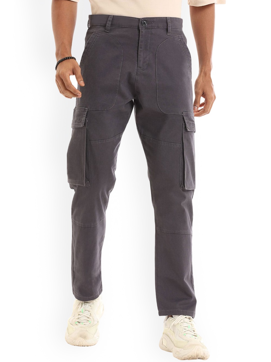 

Banana Club Men Cotton Mid-Rise Slim-Fit Cargo Trousers, Grey