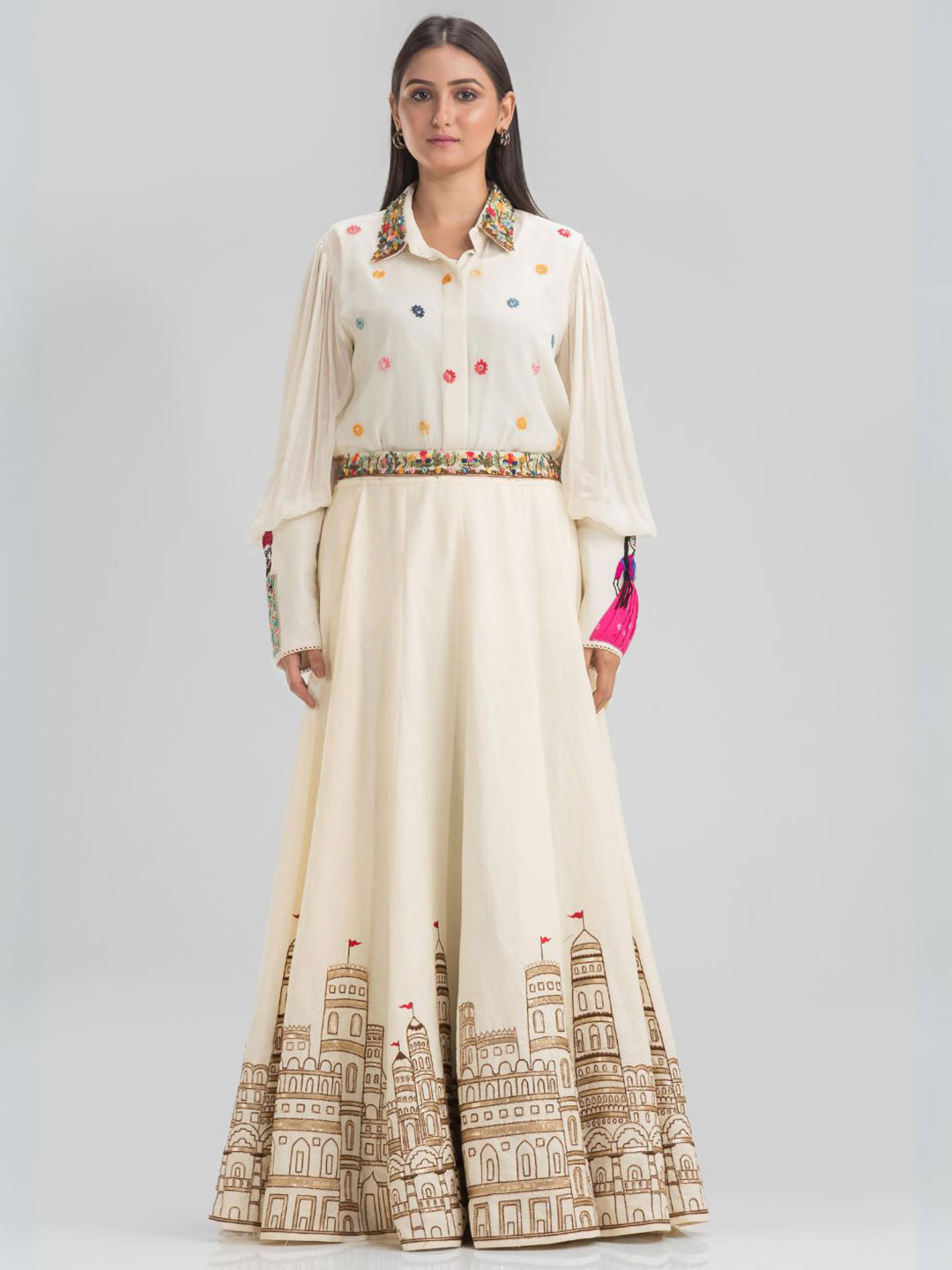 

Zolo Label Embroidered Shirt Collar Ready to Wear Lehenga & Choli, Off white