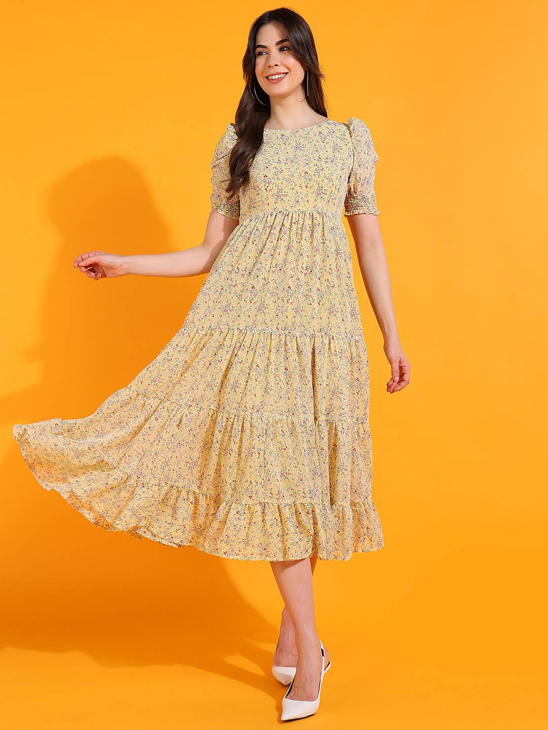 DODO & MOA Floral Printed Puff Sleeves Empire Midi Dress, Yellow