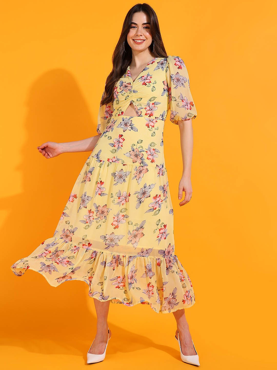 DODO & MOA Floral Printed A-Line Midi Dress, Yellow