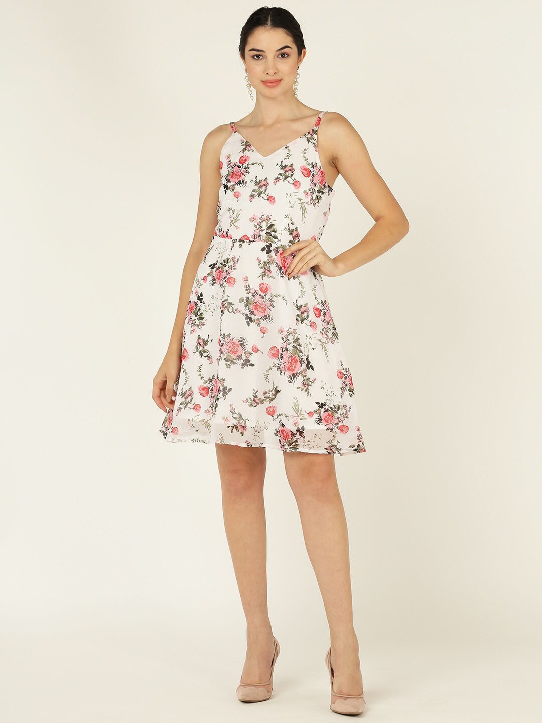 

DODO & MOA White Floral Print Shoulder Strap Georgette Fit & Flare Dress
