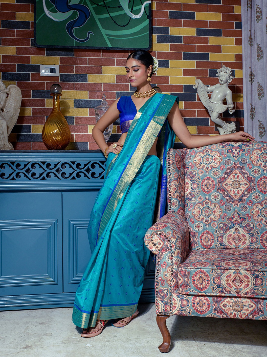 

Kandora Geometric Woven Design Zari Pure Silk Tussar Saree, Blue