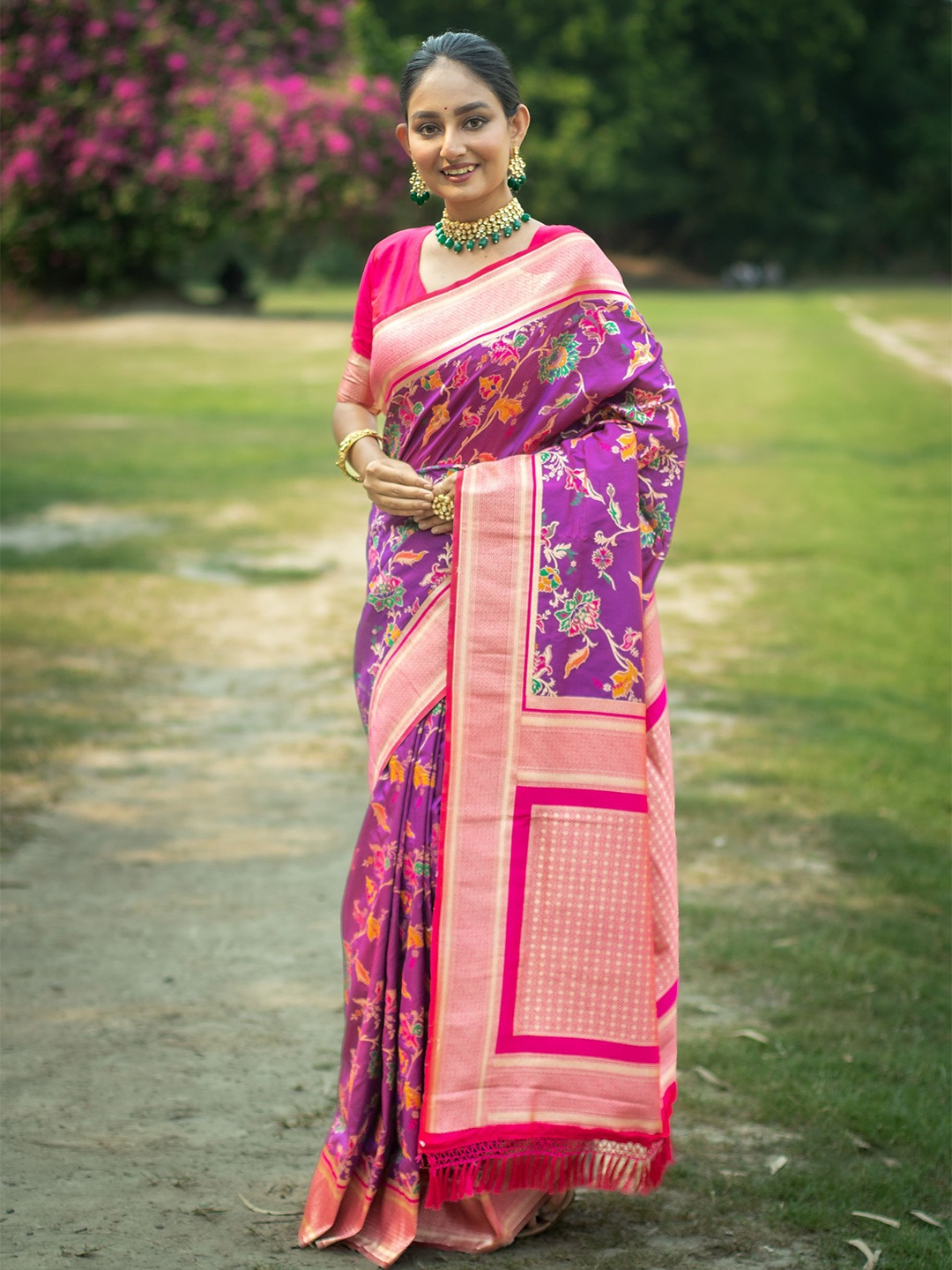 

Kandora Floral Woven Design Zari Detailed Pure Silk Banarasi Saree, Purple